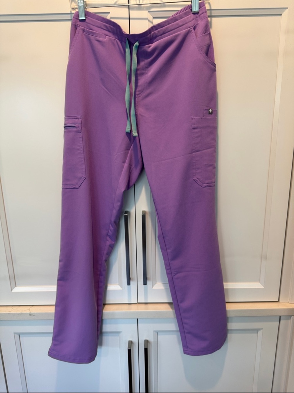 Figs Women's Purple Cargo Jogger Pants with Teal Drawstring